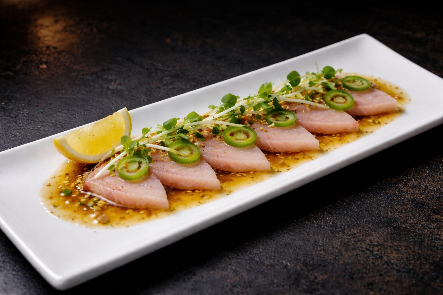 Hamachi ponzu: yellowtail with serrano, lemon and micro greens