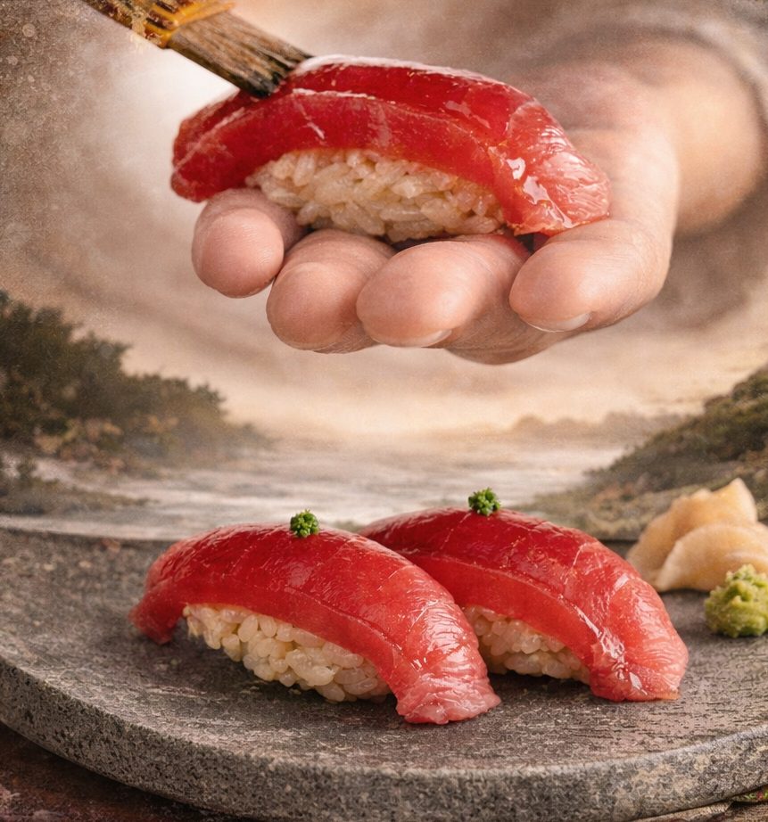 Tuna akami nigiri pressed by hand