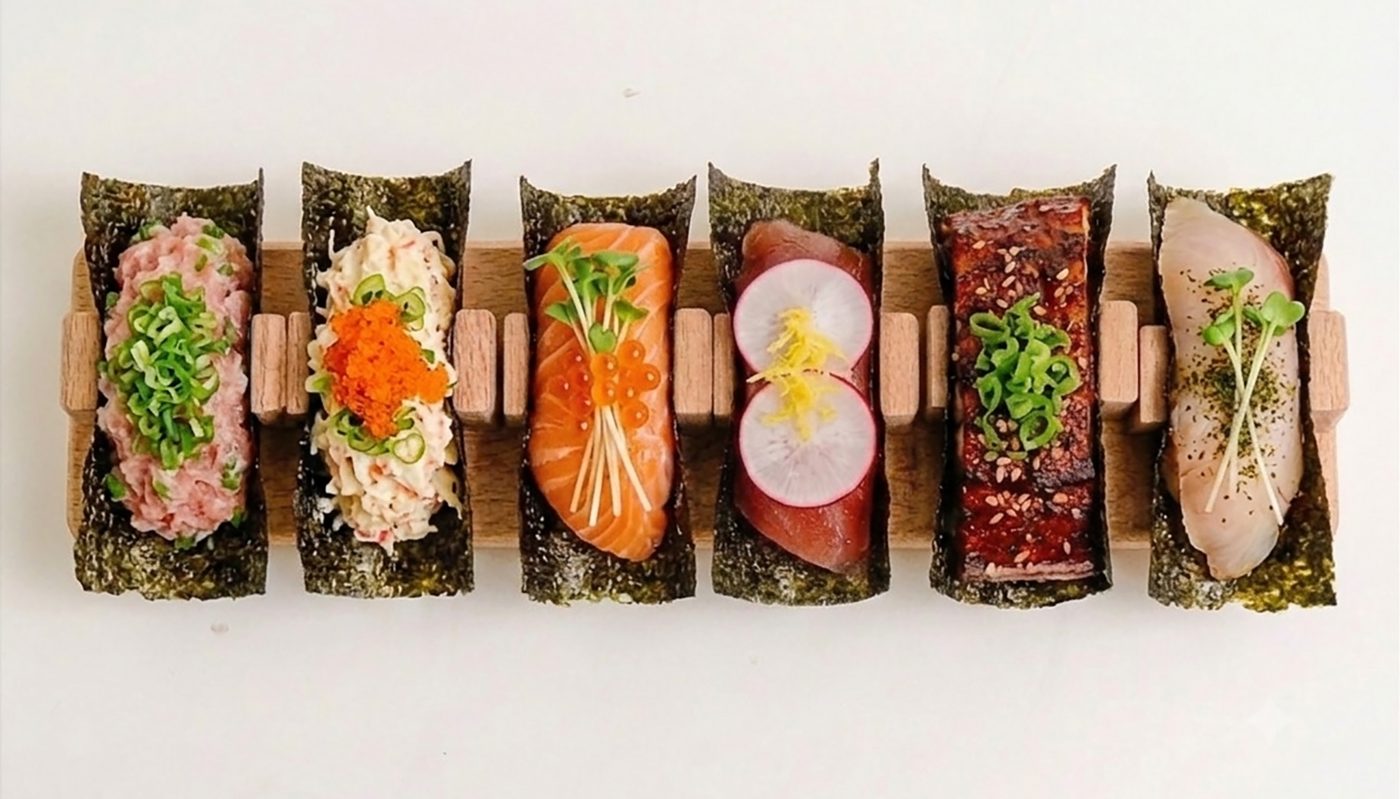 Six handrolls lined up on a wooden stand