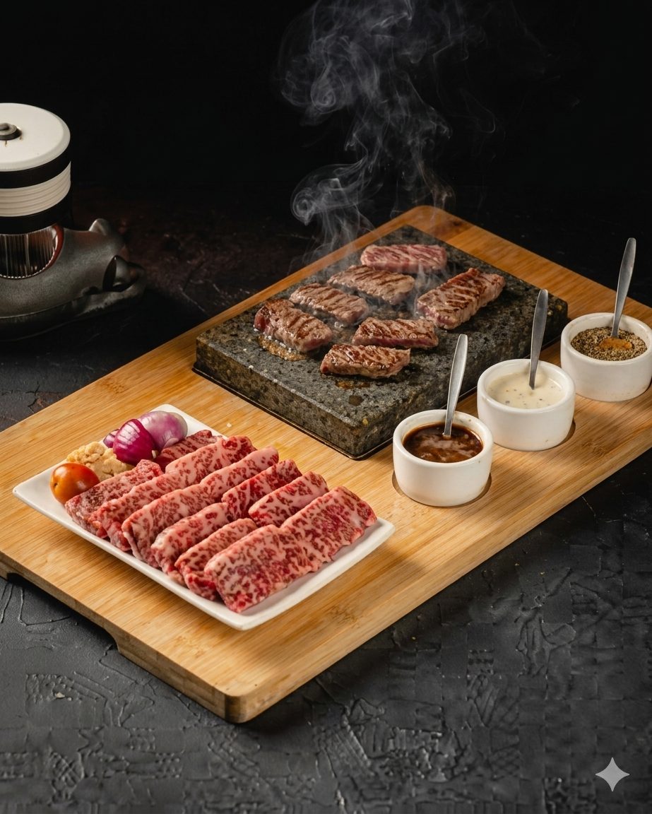 A5 wagyu sliced beside the hot stone with dipping sauces